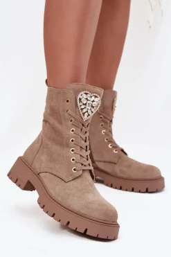 Botki Workery Damskie Z Kryształkami Na Języku Beżowe Rosira