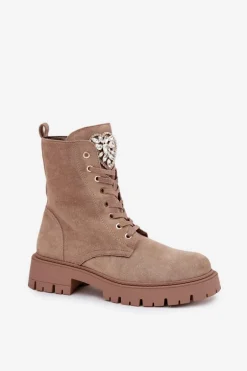 Botki Workery Damskie Z Kryształkami Na Języku Beżowe Rosira