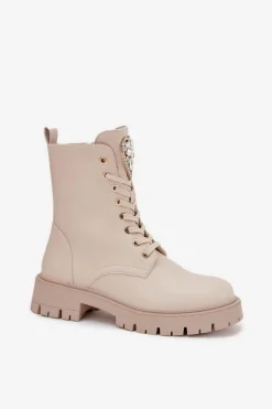 Botki Workery Damskie Z Kryształkami Na Języku Jasnobeżowe Rosira