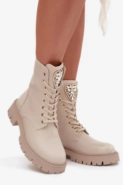 Botki Workery Damskie Z Kryształkami Na Języku Jasnobeżowe Rosira