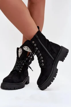 Botki Workery Damskie Z Kryształkami Na Języku Czarne Rosira