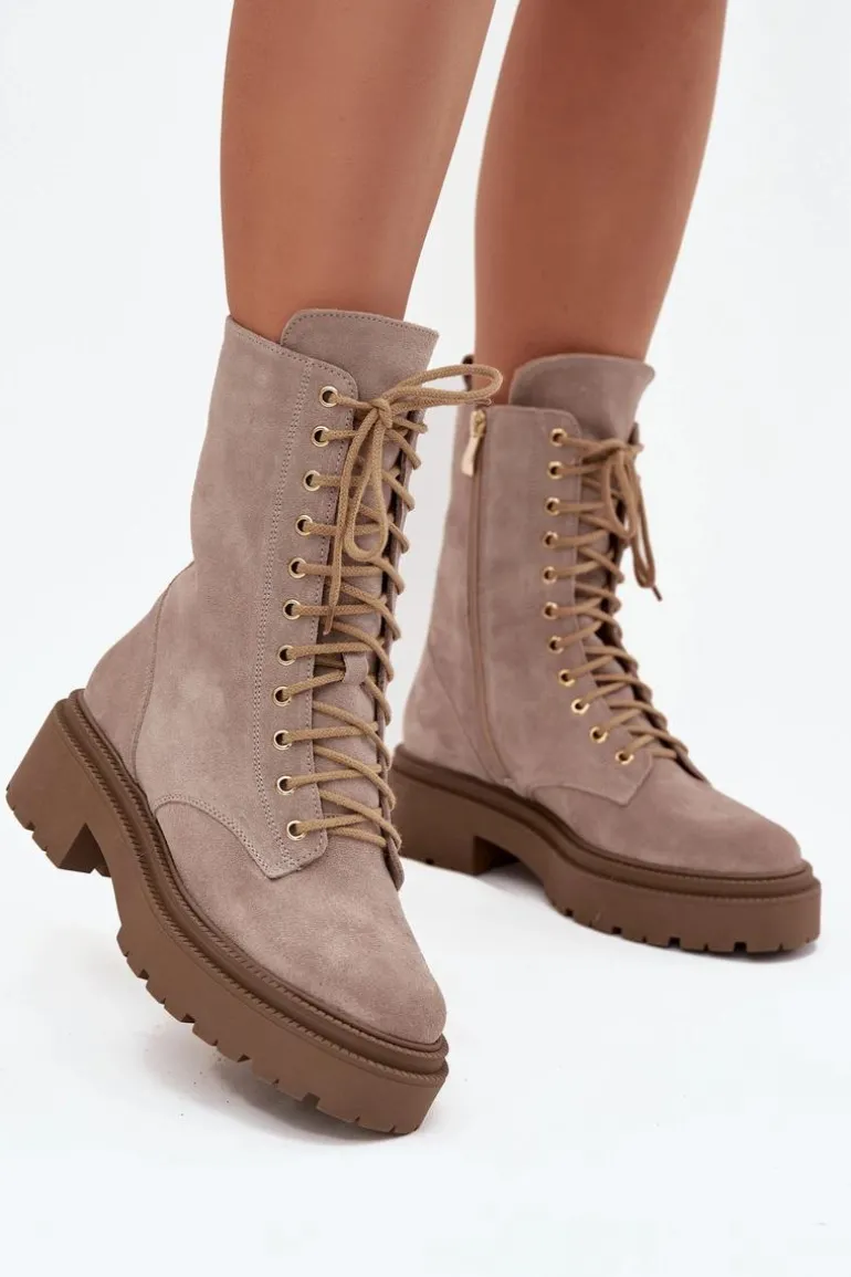 Botki Workery Damskie Z Naturalnego Zamsz Ocieplane Zazoo 4213 Beżowe