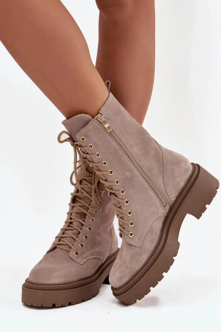 Botki Workery Damskie Z Naturalnego Zamsz Ocieplane Zazoo 4213 Beżowe