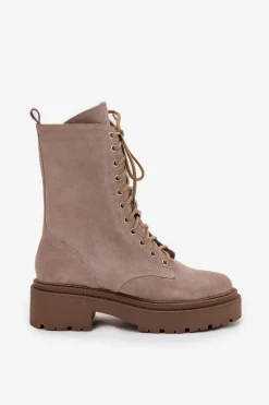 Botki Workery Damskie Z Naturalnego Zamsz Ocieplane Zazoo 4213 Beżowe