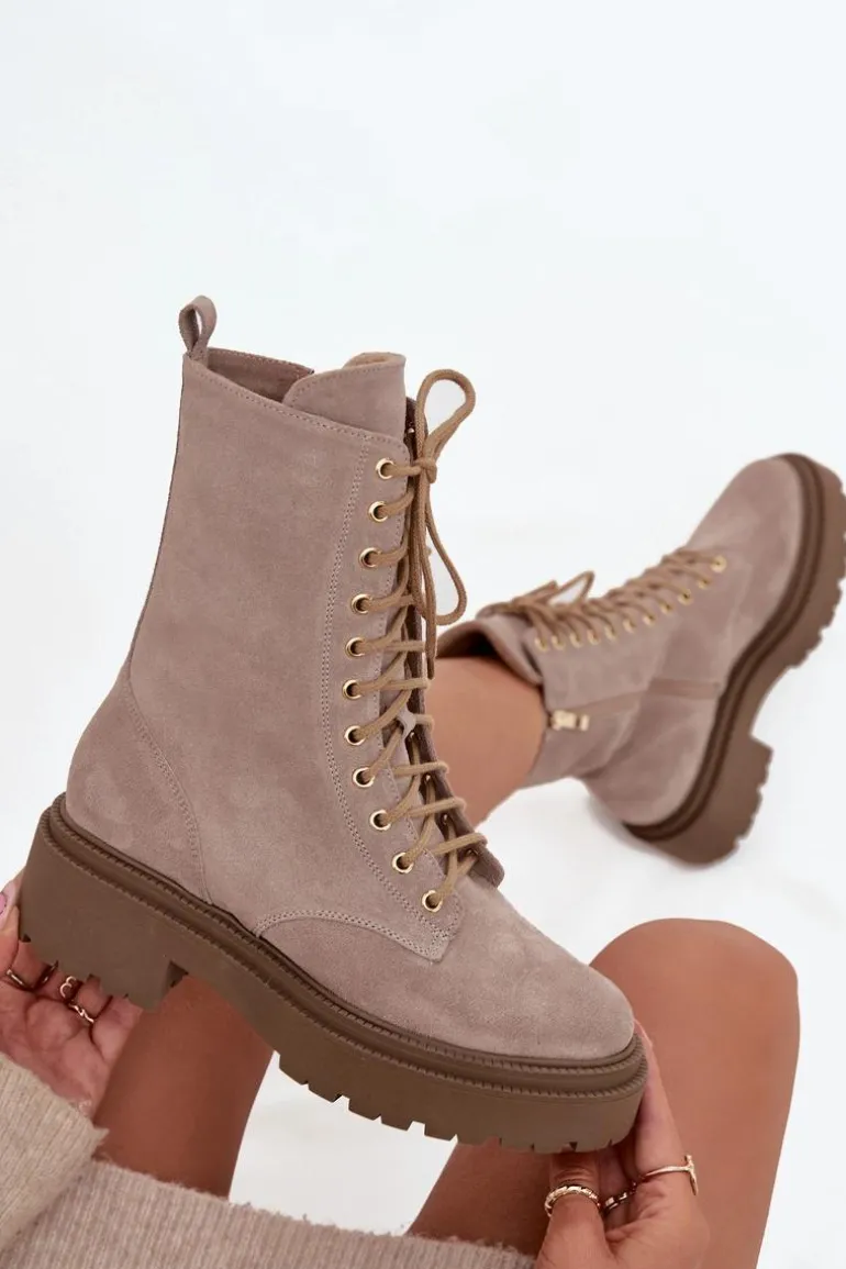 Botki Workery Damskie Z Naturalnego Zamsz Ocieplane Zazoo 4213 Beżowe