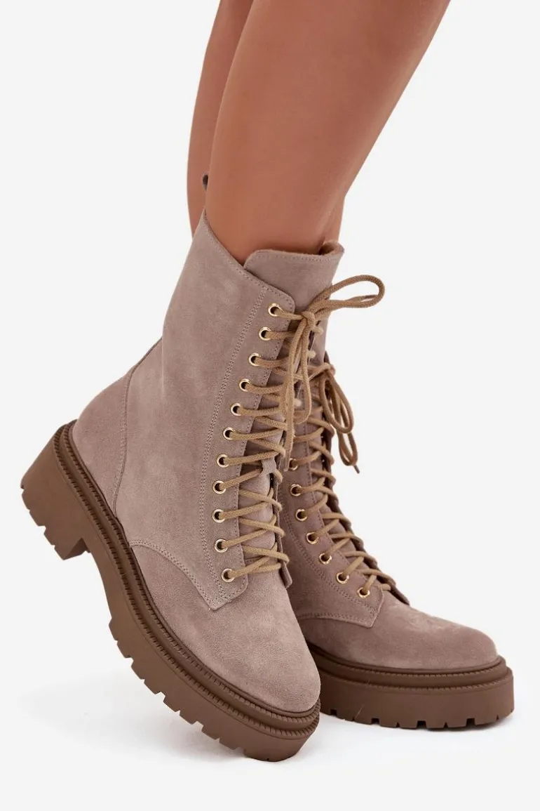 Botki Workery Damskie Z Naturalnego Zamsz Ocieplane Zazoo 4213 Beżowe