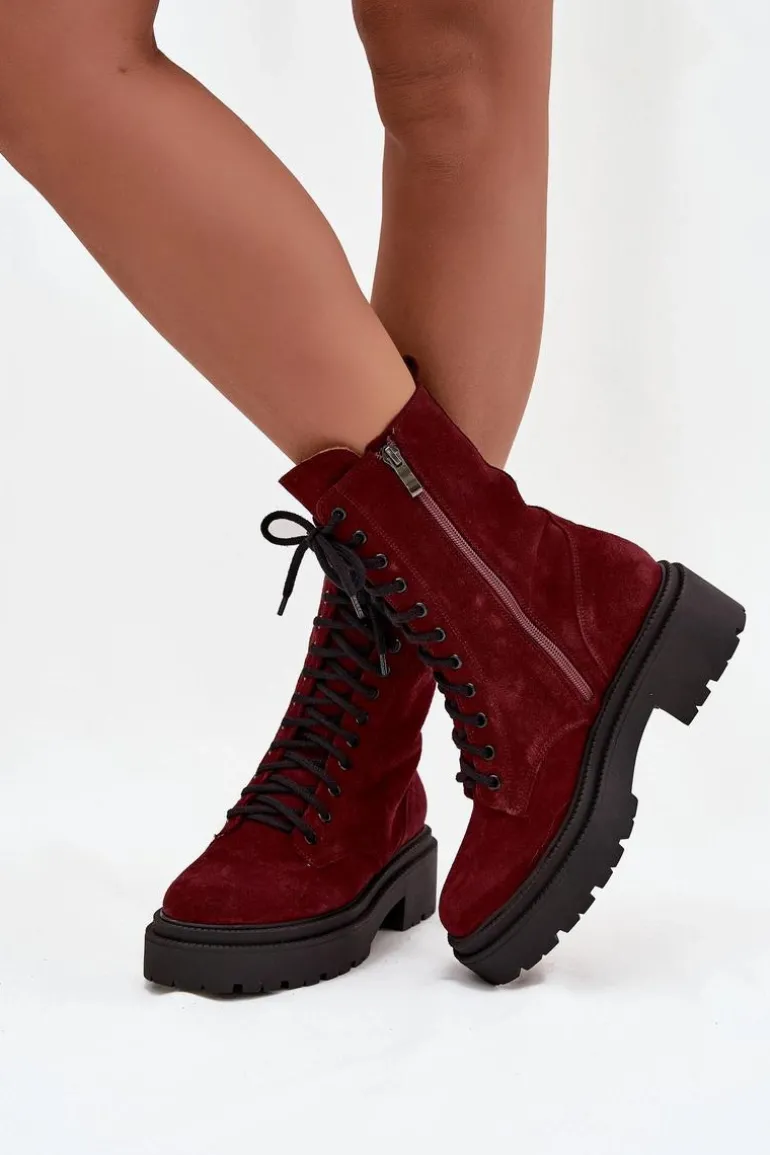 Botki Workery Damskie Z Naturalnego Zamsz Ocieplane Zazoo 4213 Bordowe