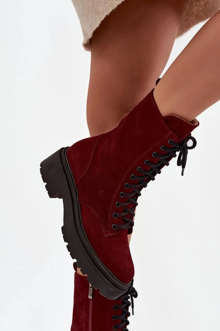 Botki Workery Damskie Z Naturalnego Zamsz Ocieplane Zazoo 4213 Bordowe