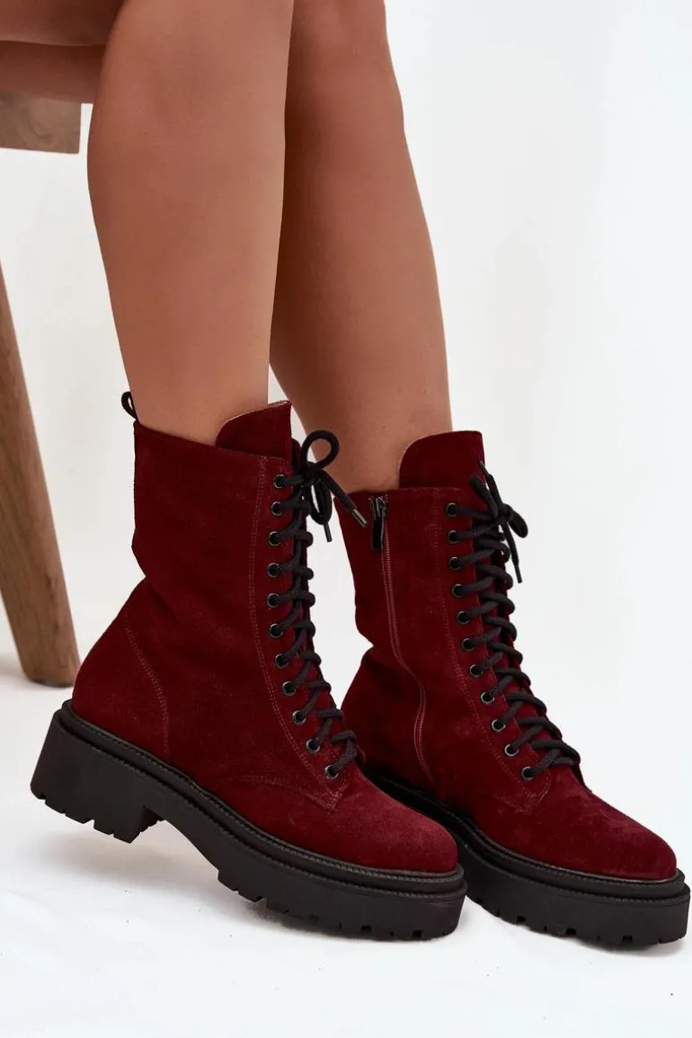Botki Workery Damskie Z Naturalnego Zamsz Ocieplane Zazoo 4213 Bordowe