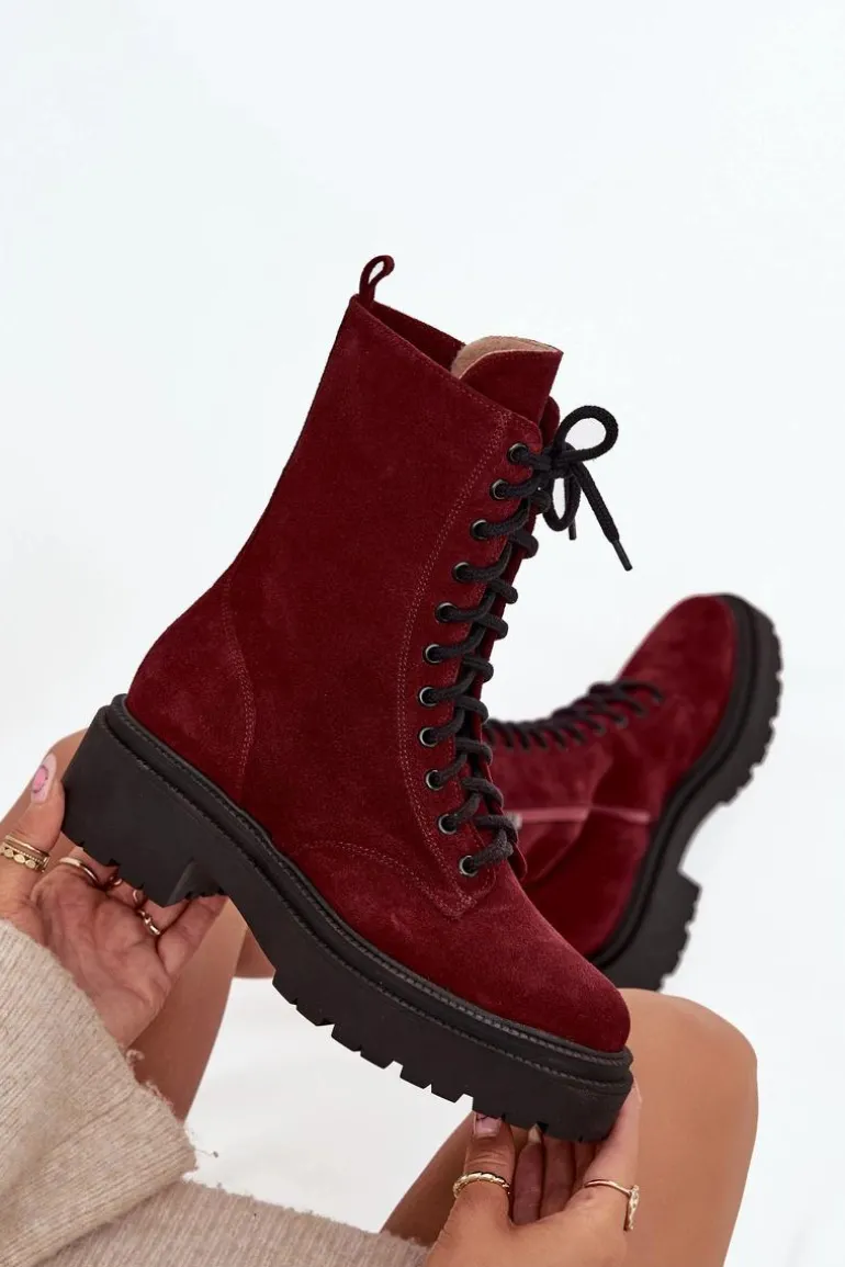 Botki Workery Damskie Z Naturalnego Zamsz Ocieplane Zazoo 4213 Bordowe