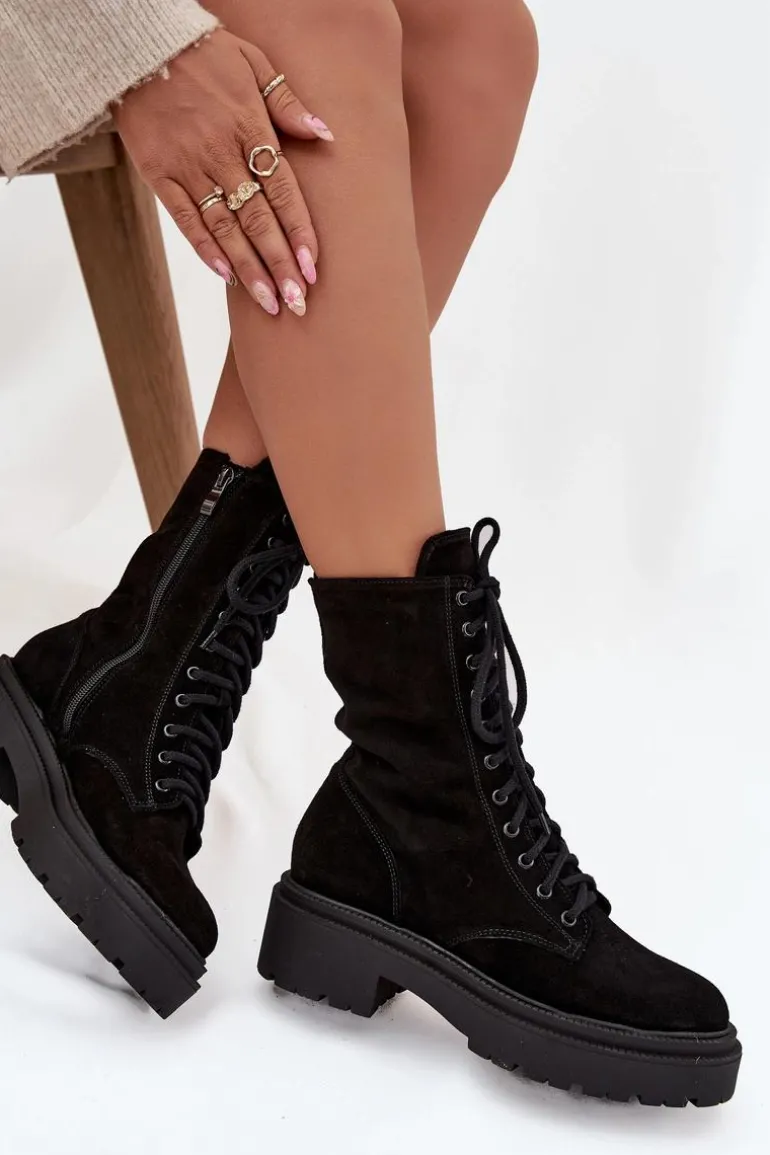 Botki Workery Damskie Z Naturalnego Zamsz Ocieplane Zazoo 4213 Czarne