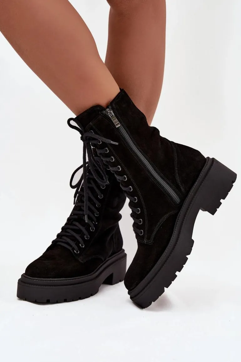 Botki Workery Damskie Z Naturalnego Zamsz Ocieplane Zazoo 4213 Czarne