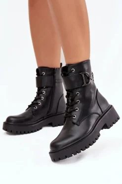 Botki Workery Damskie Z Ocieplane Z Ozdobnym Paskiem Czarne Ulivine