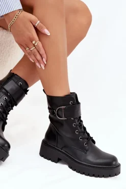 Botki Workery Damskie Z Ocieplane Z Ozdobnym Paskiem Czarne Ulivine