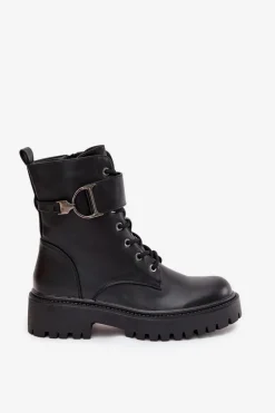 Botki Workery Damskie Z Ocieplane Z Ozdobnym Paskiem Czarne Ulivine