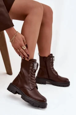 Botki Workery Damskie Z Ozdoba Eko Skórzane Czekoladowe Karessa
