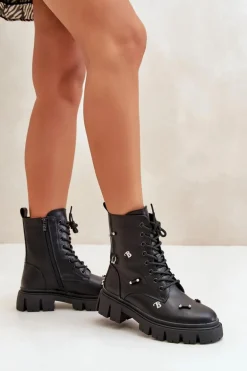 Botki Workery Damskie Z Ozdobami Eko Skórzane Czarne Cadenilla