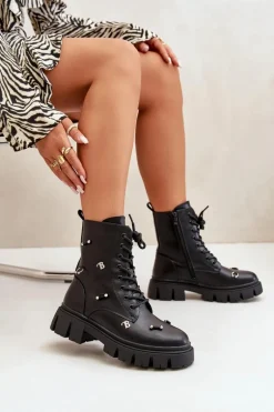 Botki Workery Damskie Z Ozdobami Eko Skórzane Czarne Cadenilla