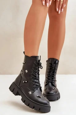 Botki Workery Damskie Z Ozdobami Eko Skórzane Czarne Cadenilla