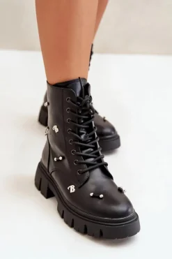 Botki Workery Damskie Z Ozdobami Eko Skórzane Czarne Cadenilla