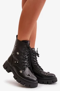 Botki Workery Damskie Z Ozdobami Eko Skórzane Czarne Cadenilla