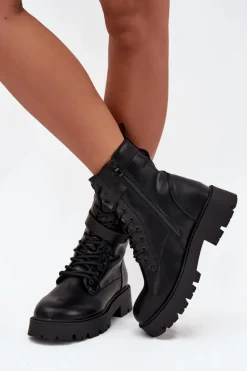 Botki Workery Damskie Z Ozdobnym Paskiem Ocieplane Eko Skórzane Czarne Selita