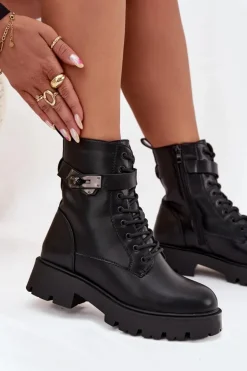 Botki Workery Damskie Z Ozdobnym Paskiem Ocieplane Eko Skórzane Czarne Selita