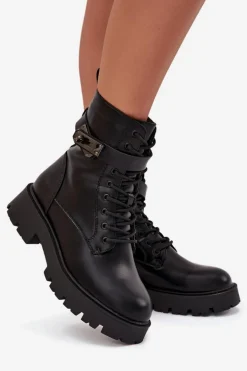 Botki Workery Damskie Z Ozdobnym Paskiem Ocieplane Eko Skórzane Czarne Selita