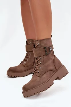 Botki Workery Damskie Z Ocieplane Z Ozdobnym Paskiem Ciemnobeżowe Ulivine