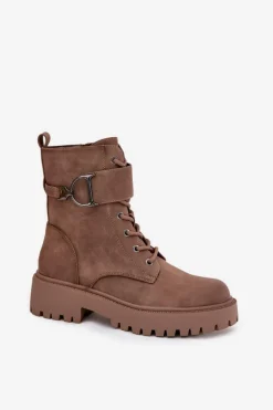 Botki Workery Damskie Z Ocieplane Z Ozdobnym Paskiem Ciemnobeżowe Ulivine