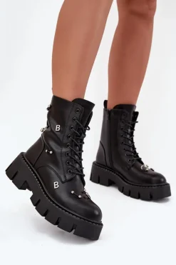 Botki Workery Damskie Z Ozdobami Ocieplane Czarne Lunea