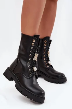 Botki Workery Damskie Z Przypinkami Ocieplane Czarne Lomina