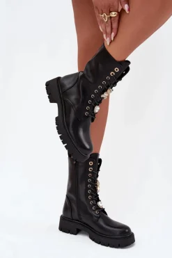 Botki Workery Damskie Z Przypinkami Ocieplane Czarne Lomina