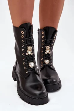 Botki Workery Damskie Z Przypinkami Ocieplane Czarne Lomina