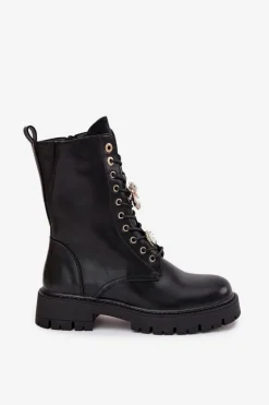 Botki Workery Damskie Z Przypinkami Ocieplane Czarne Lomina