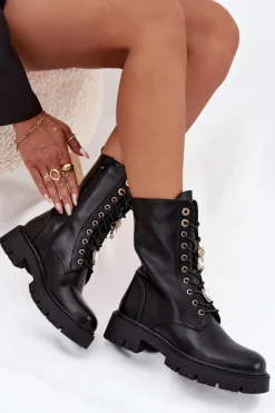 Botki Workery Damskie Z Przypinkami Ocieplane Czarne Lomina