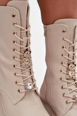 Botki Workery Damskie Z Przypinkami Miś Serce Beżowe Iravine