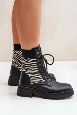 Botki Workery Damskie Ze Skarpetą Zebra Czarne Raviri