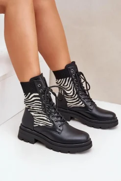 Botki Workery Damskie Ze Skarpetą Zebra Czarne Raviri