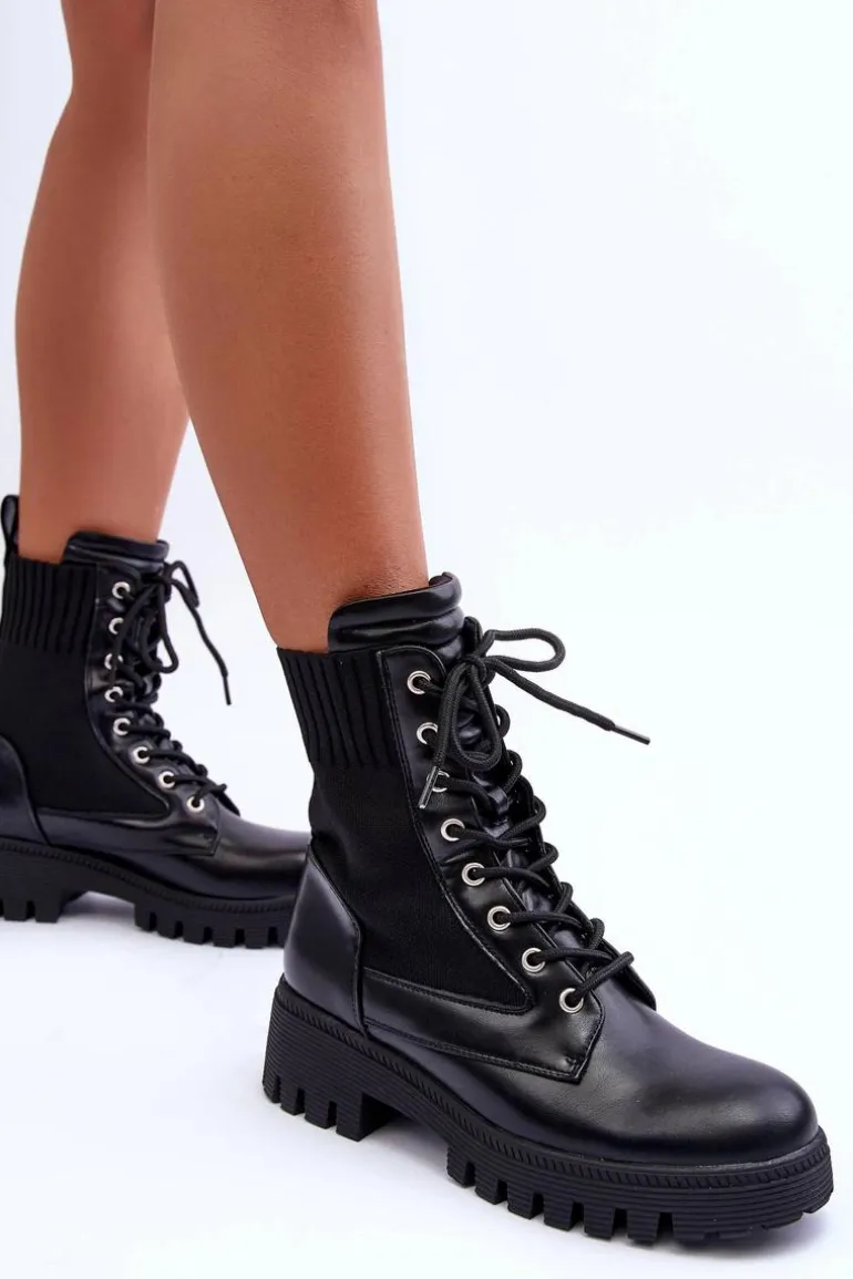 Botki Workery Damskie Ze Skarpetą Czarne Melaste