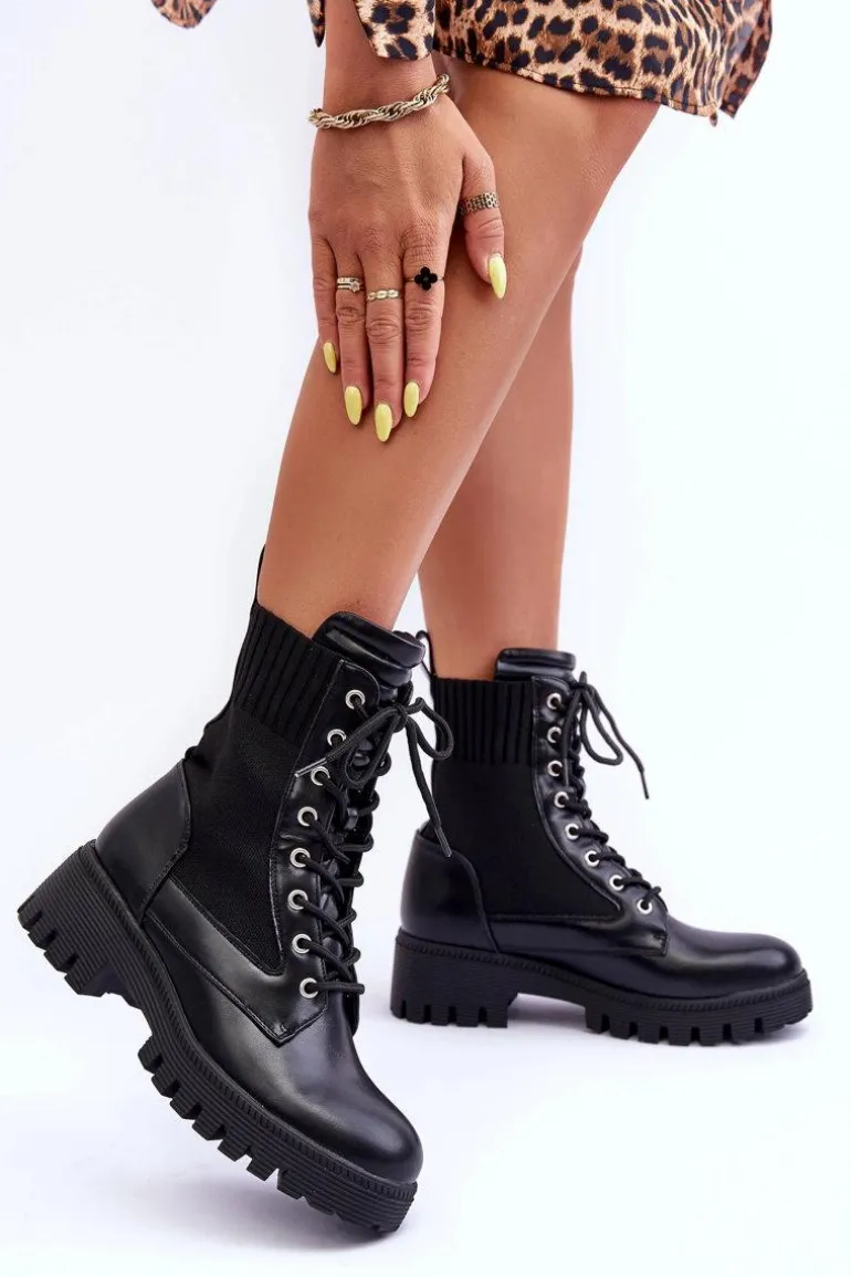 Botki Workery Damskie Ze Skarpetą Czarne Melaste