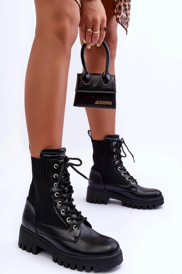 Botki Workery Damskie Ze Skarpetą Czarne Melaste