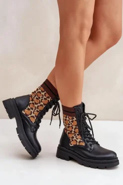 Botki Workery Damskie Ze Skarpetą W Panterkę Czarne Penthis