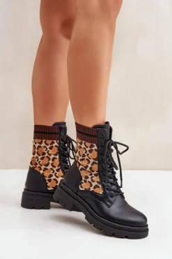 Botki Workery Damskie Ze Skarpetą W Panterkę Czarne Penthis