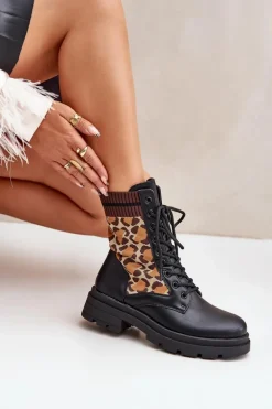 Botki Workery Damskie Ze Skarpetą W Panterkę Czarne Penthis