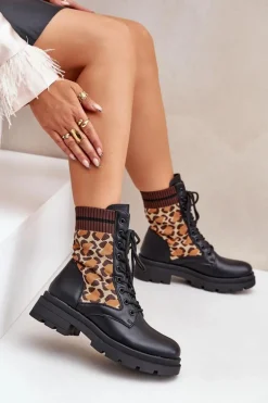 Botki Workery Damskie Ze Skarpetą W Panterkę Czarne Penthis