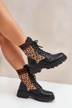 Botki Workery Damskie Ze Skarpetą W Panterkę Czarne Penthis