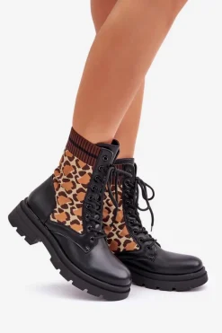 Botki Workery Damskie Ze Skarpetą W Panterkę Czarne Penthis