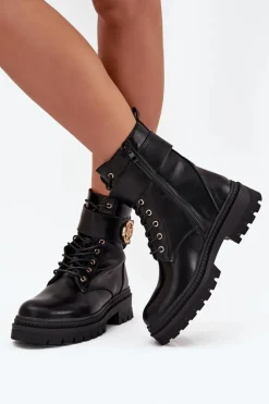 Botki Workery Damskie Ze Złotym Detalem Ocieplane Czarne Fiorena