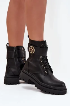 Botki Workery Damskie Ze Złotym Detalem Ocieplane Czarne Fiorena